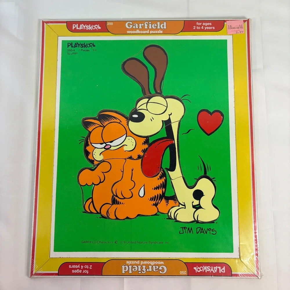 2 VINTAGE Playskool Garfield Woodboard 7 pc Puzzles Hello Flower/Slurp 2-4 Years